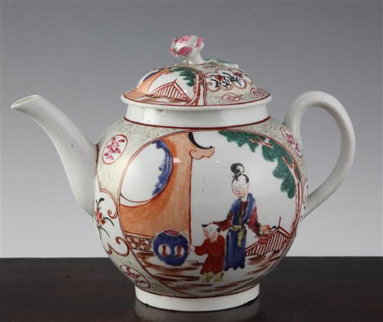 A large Worcester polychrome globular teapot and cover, c.1770, height 6.5in.